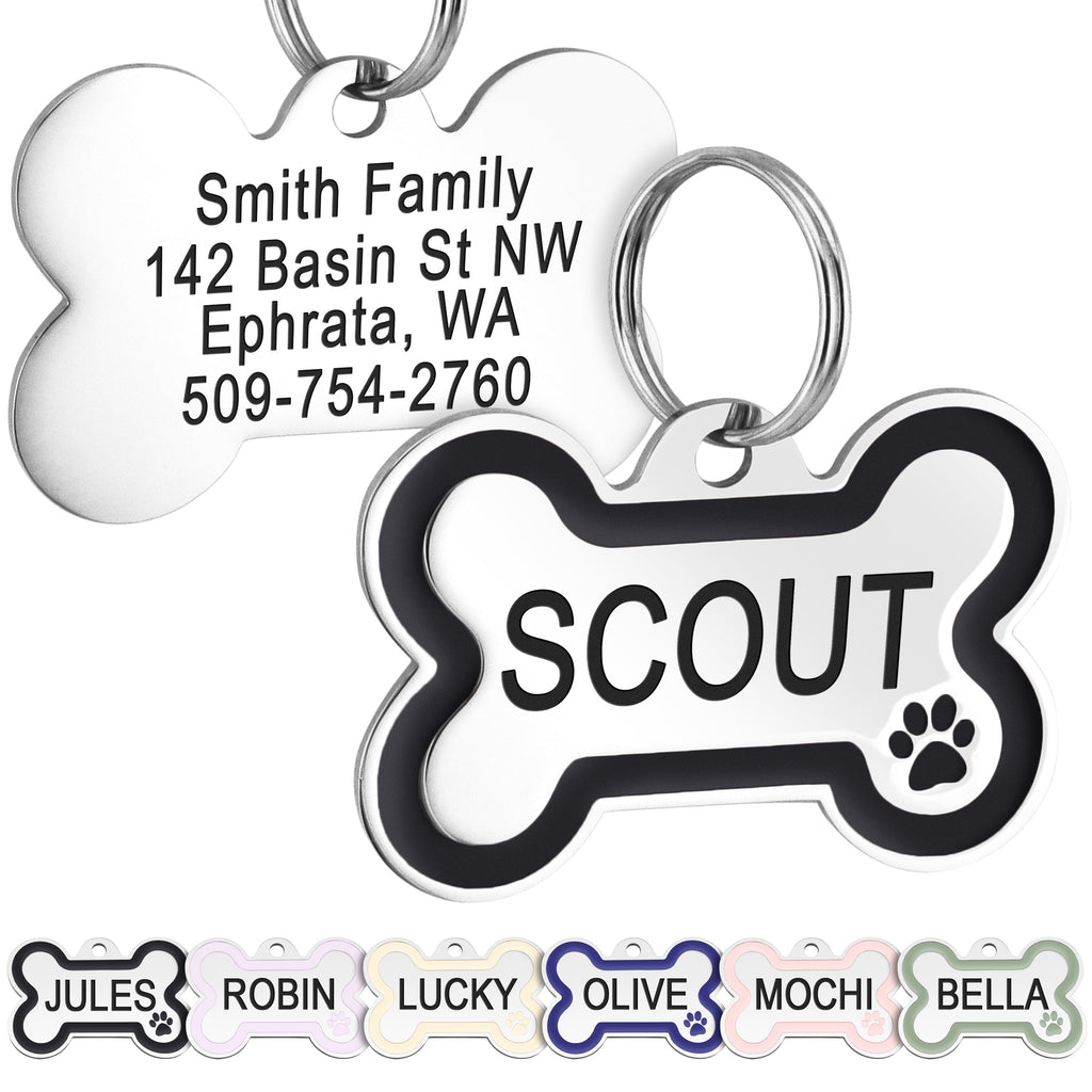 Bone Dog Tag Stainless Steel with Enamel Paw