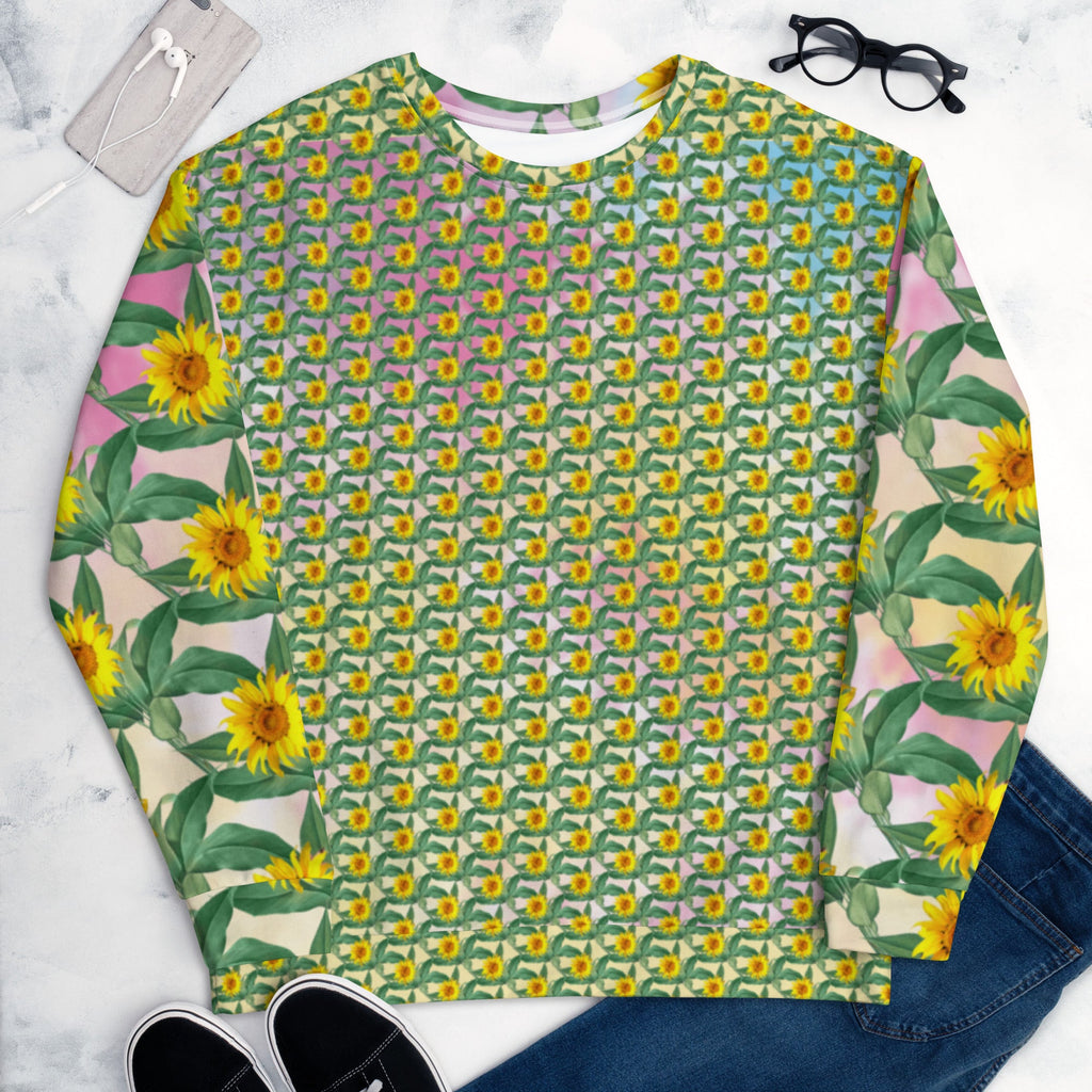 Hand-Sewn Unisex Sweatshirt. Custom Fabric Print Sweatshirt. Unsex Top for women and Men. Sunflower Print Shirt. Cold Summer Evening Top