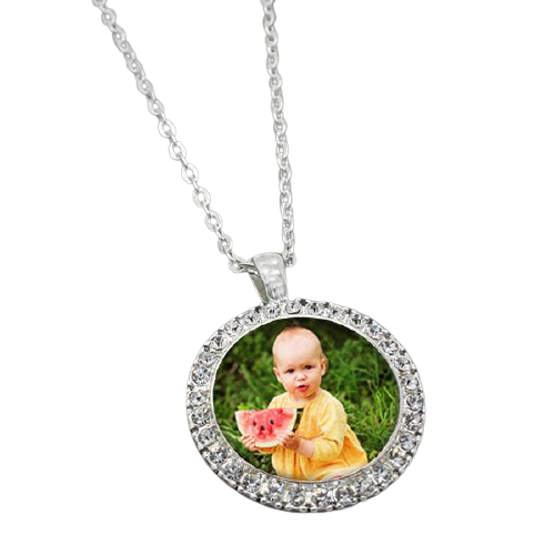 Circle Photo Neckalce with Rhinestones